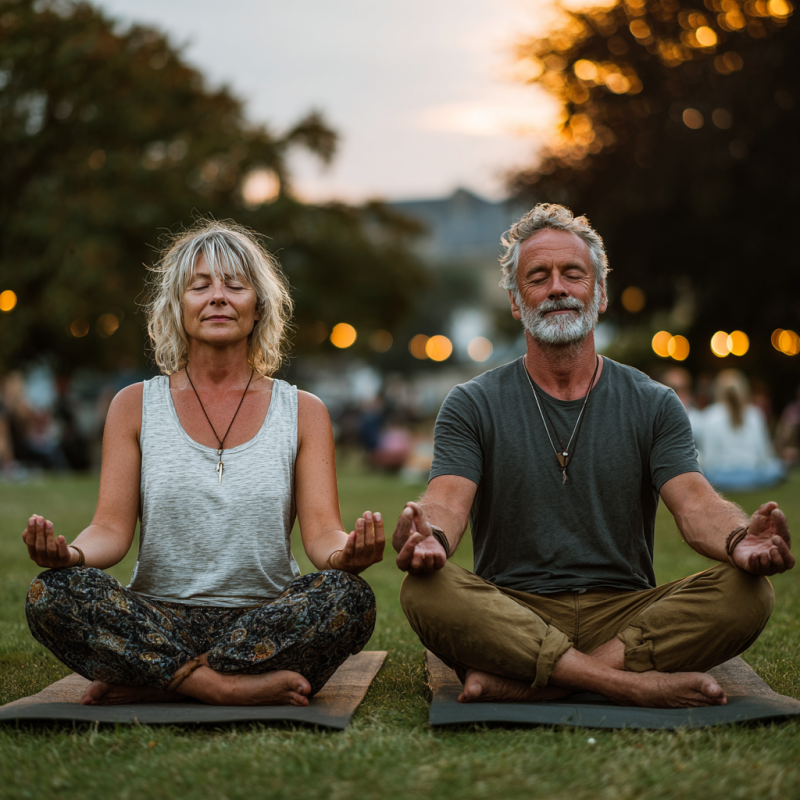 Літні люди займаються йогою на природі